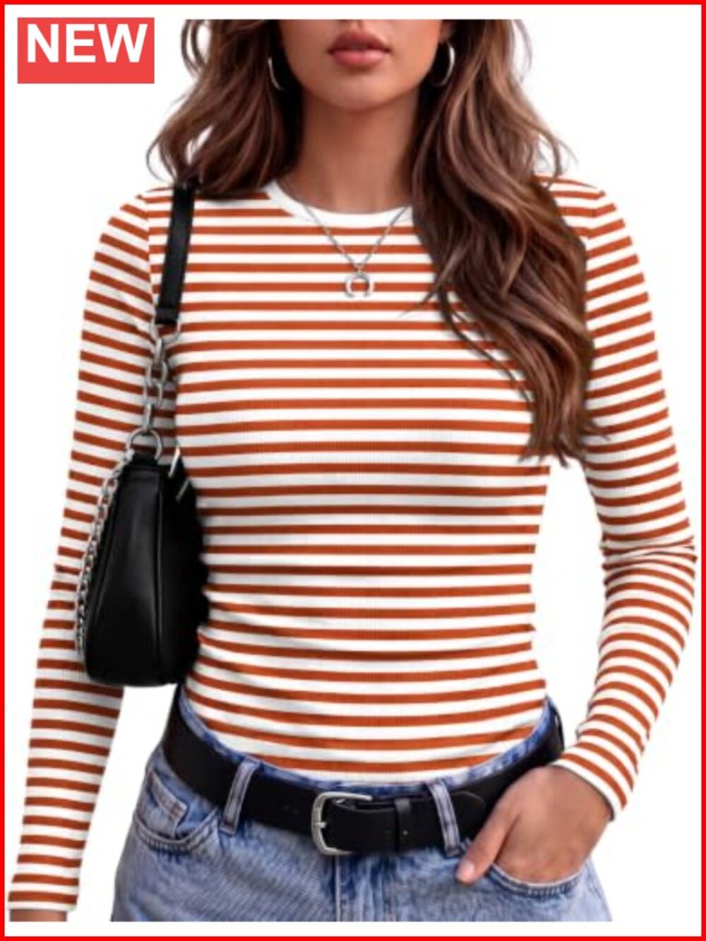 Long Sleeve Ribbed Crewneck Top Viscose Spandex Slim Fit